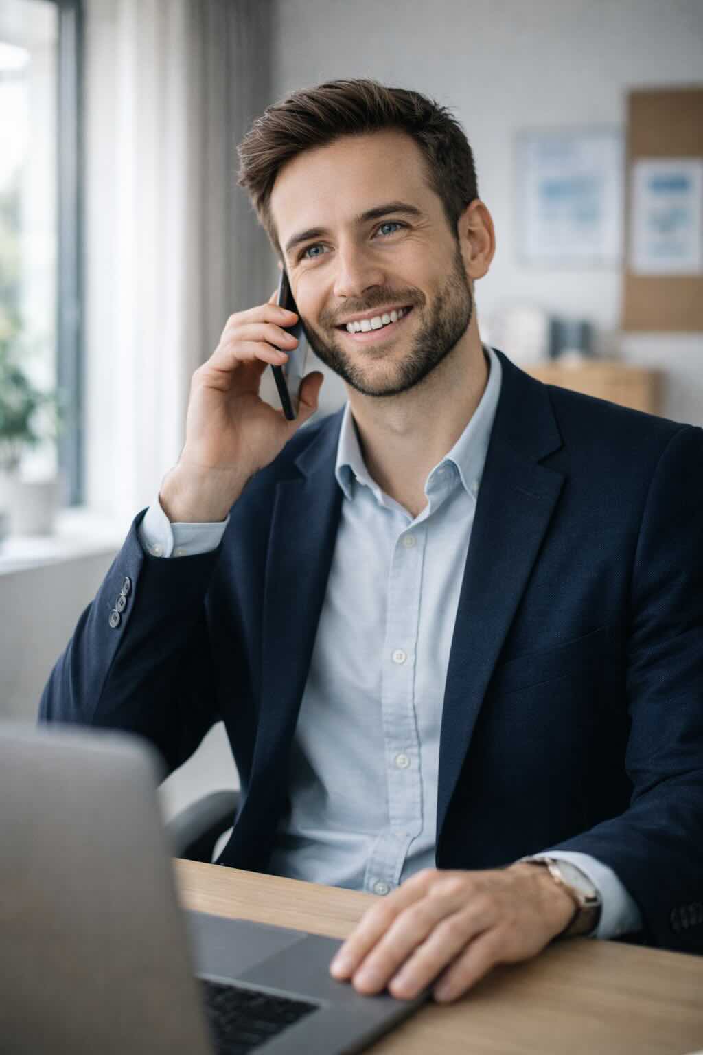 Business owner smiling on a phone call with a new client